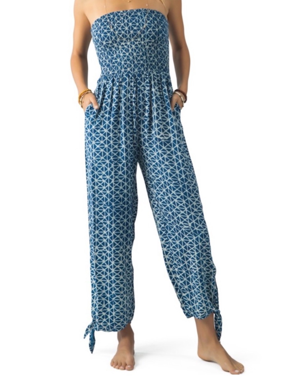 Ripcurl Strapless Blue Geometric Jumpsuit with Pockets - Medium
